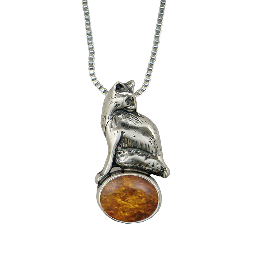 Sterling Silver Cat Looking For Mouse Pendant With Amber